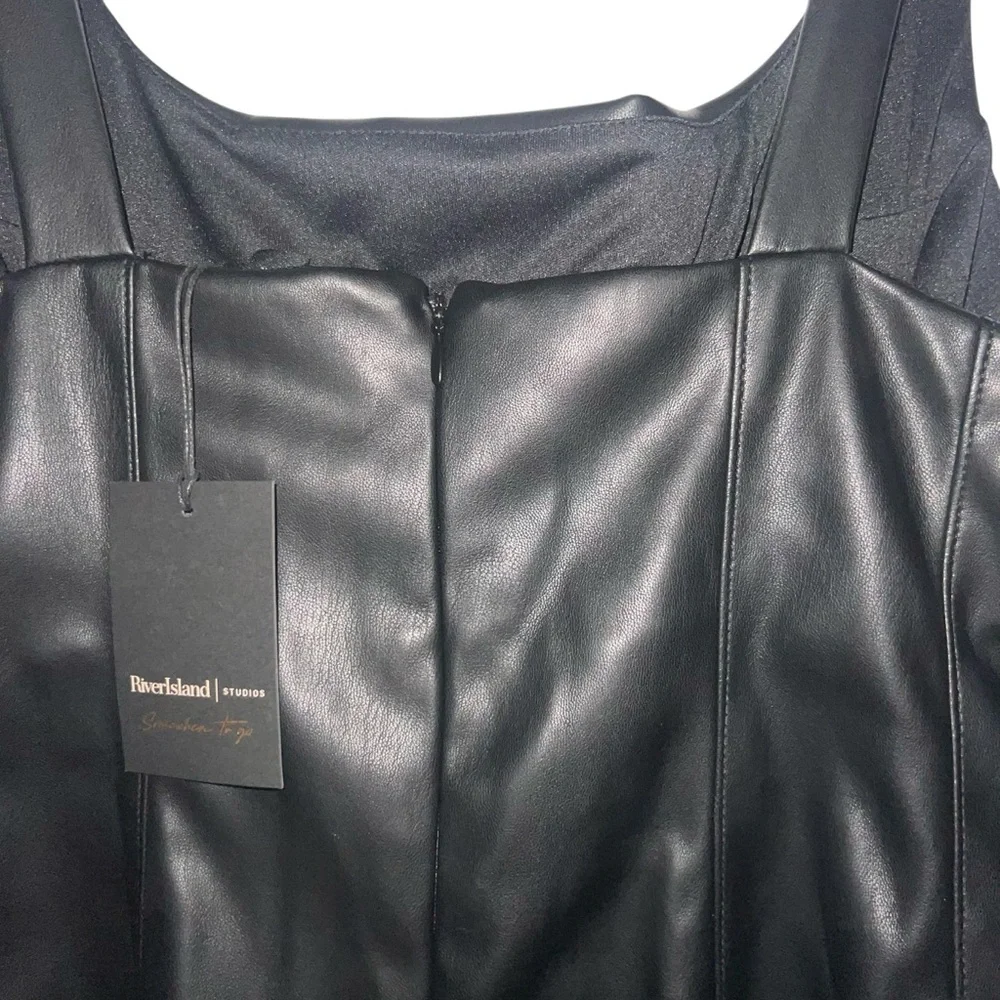 River Island Black Faux Leather A-Line Midi Dress Size 12 — Square Neck